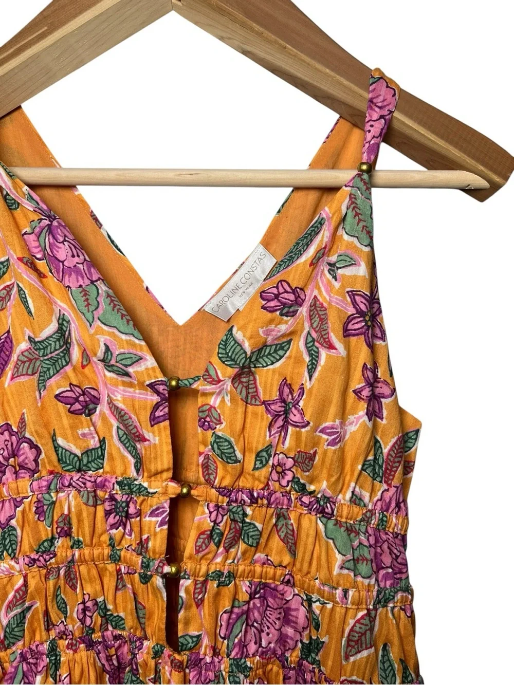 Caroline Constas Yellow Floral Smocked V-Neck Midi Dress NWT XS Boho Resort
